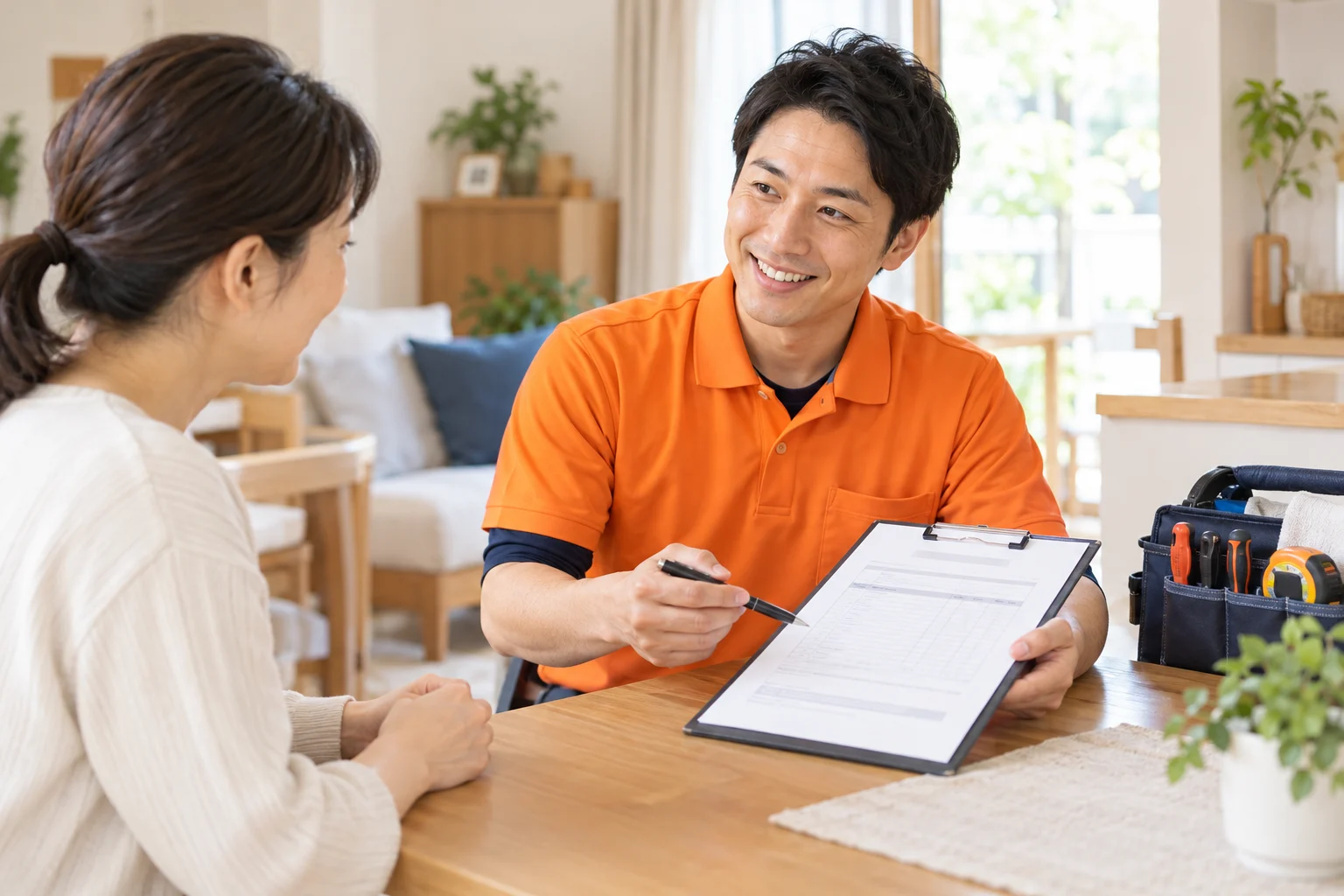明るいご自宅で、スタッフがお客様の相談を聞きながら見積もり内容をご説明しています