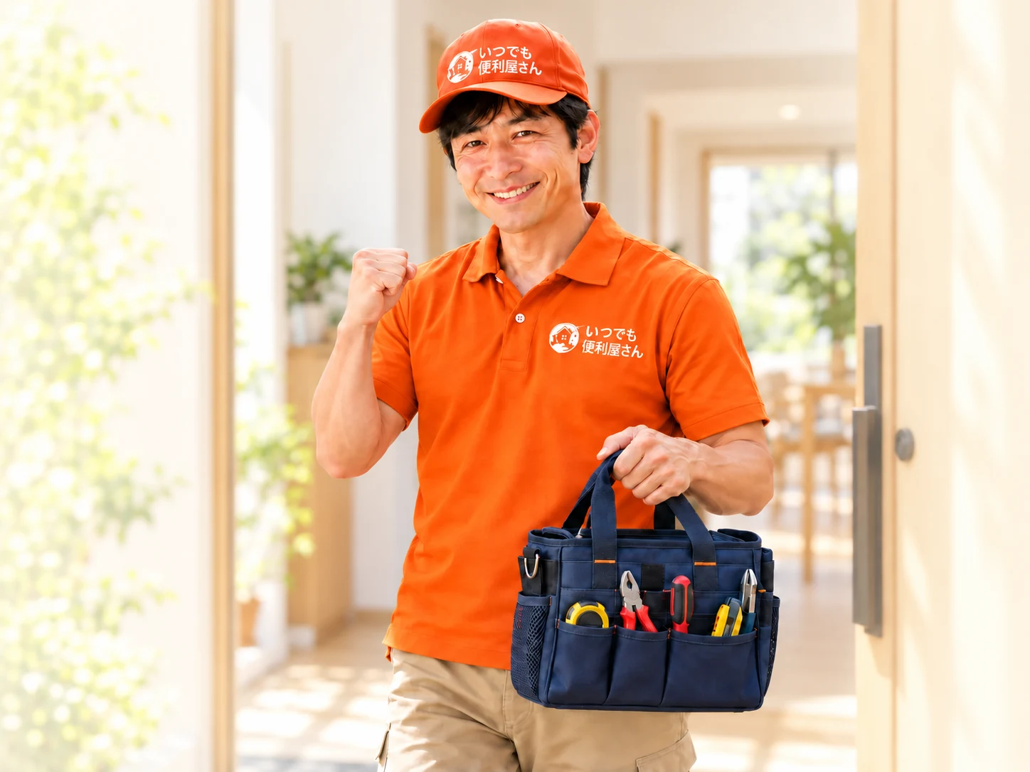 自然光と緑に包まれた明るい玄関で、オレンジの制服のスタッフが工具バッグを持ち、笑顔でガッツポーズをする作業イメージ
